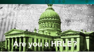 6
Compliance
Risk
Security
Scalability
Control
Volume
Velocity
Automation
Process
Quality
Are you a HRLE?
 