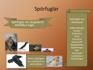 Spörfuglar Spörfuglar eru eftirfarandiAuðnutittlingurGráspörGráþrösturHrafnMaríuerlaMúsarindillSkógarþrösturSnjótittlingurStariSteindepillSvartþrösturÞúfutittlingur Spörfuglar eru langstærsti ættbálkur fuglaFlestir spörfuglar eru smávaxnir en ekki hrafninn