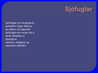 SjófuglarÞeir afla fæðu sinnar úr sjó og eru fiskiætur sem kafa eftir ætiÞeir ala allan sinn aldur á sjó nema þegar þeir koma á land til að verpa en þeir verpa flestir einu eggi. Ungar þeirra eru ósjálfbjarga og dvelja oft lengi í hreiðrinu. Sjófuglar sína tryggð við maka sinnKynjamunur sjófugla er lítill, það er helst einhver stærðarmunur sem greinir kynin að