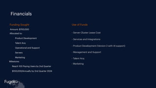 Fugoku
cloud
Financials
Amount: $700,000
Milestone:
Reach 100 Paying Users by 2nd Quarter
$100,000/Annually by 2nd Quarter 2024
Allocated to:
- Product Development
- Talent Acq
- Operational and Support
- Servers
- Marketing
Use of Funds
- Server Cluster Lease Cost
- Services and Integrations
- Product Development (Version 2 with AI support)
- Management and Support
Funding Sought
- Talent Acq
- Marketing
 