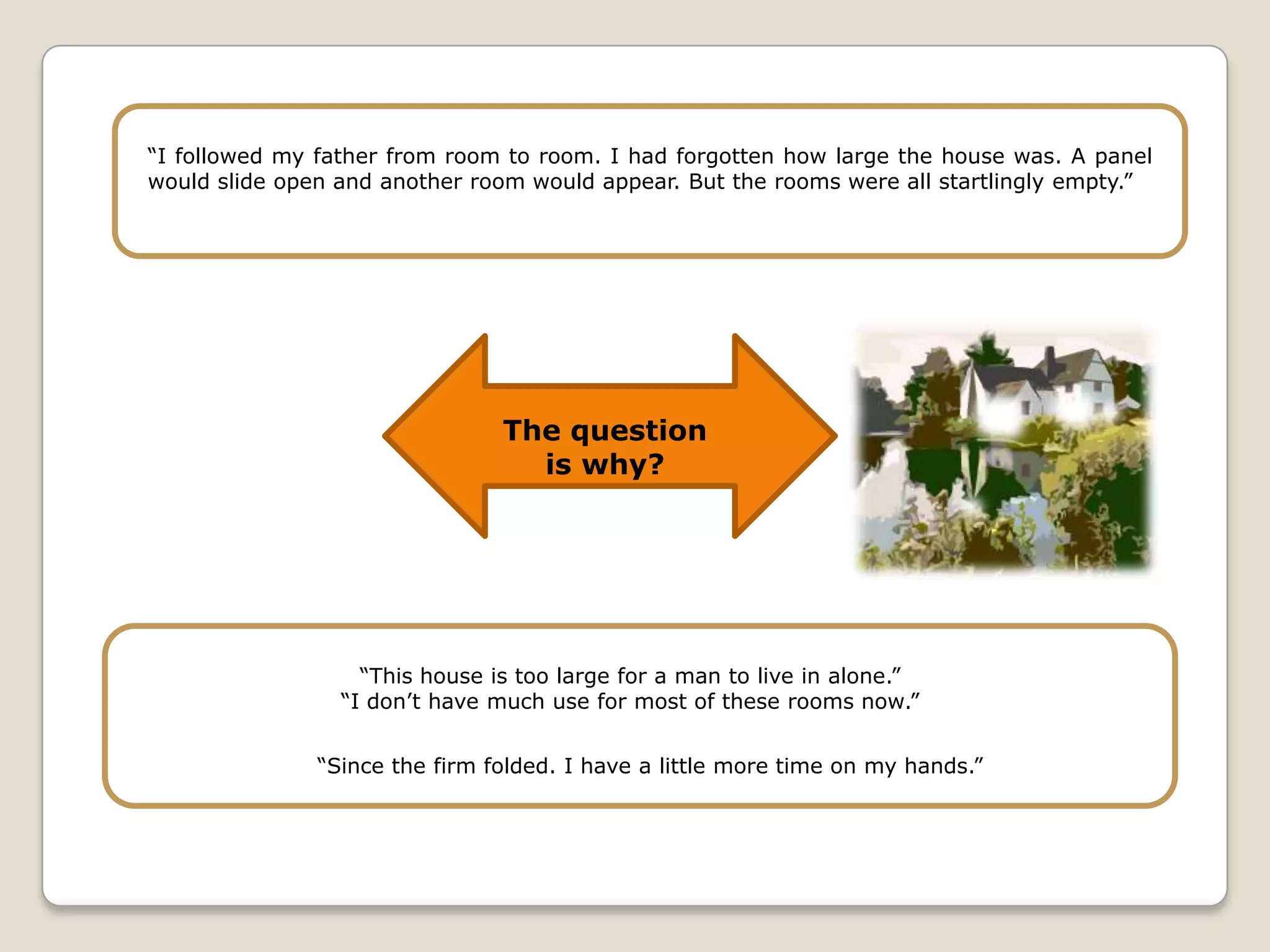 “I followed my father from room to room. I had forgotten how large the house was. A panel
would slide open and another room would appear. But the rooms were all startlingly empty.”

The question
is why?

“This house is too large for a man to live in alone.”
“I don’t have much use for most of these rooms now.”
“Since the firm folded. I have a little more time on my hands.”

 