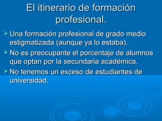 El itinerario de formación
              profesional.
 Una formación profesional de grado medio
  estigmatizada (aunque ya lo estaba).
 No es preocupante el porcentaje de alumnos
  que optan por la secundaria académica.
 No tenemos un exceso de estudiantes de
  universidad.
 