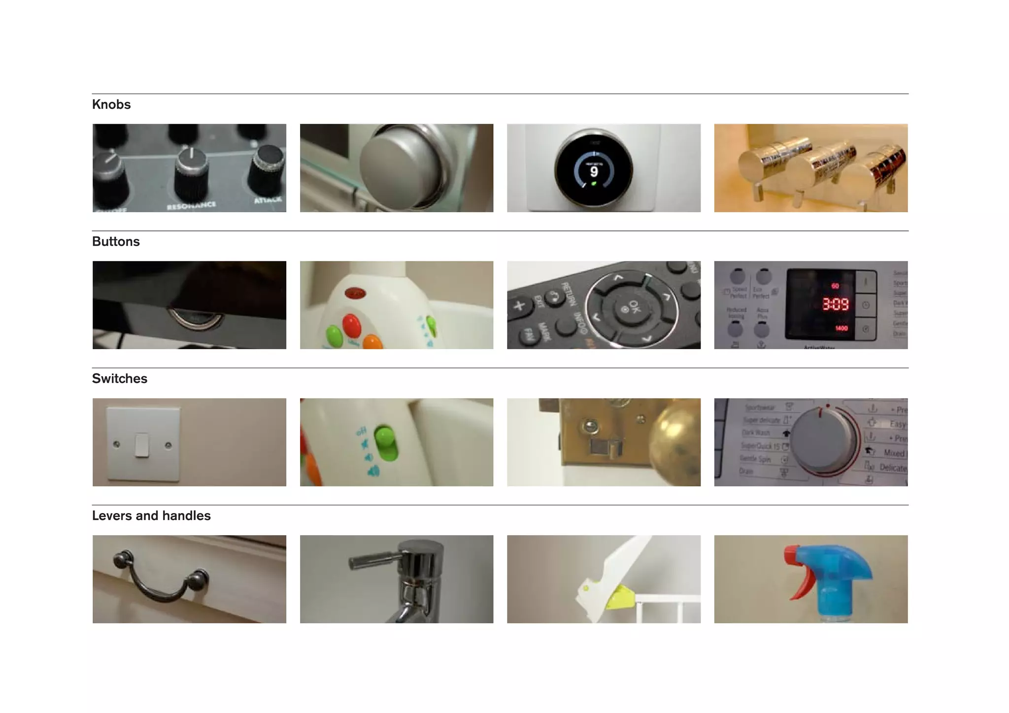 Knobs
Buttons
Switches
Levers and handles
 