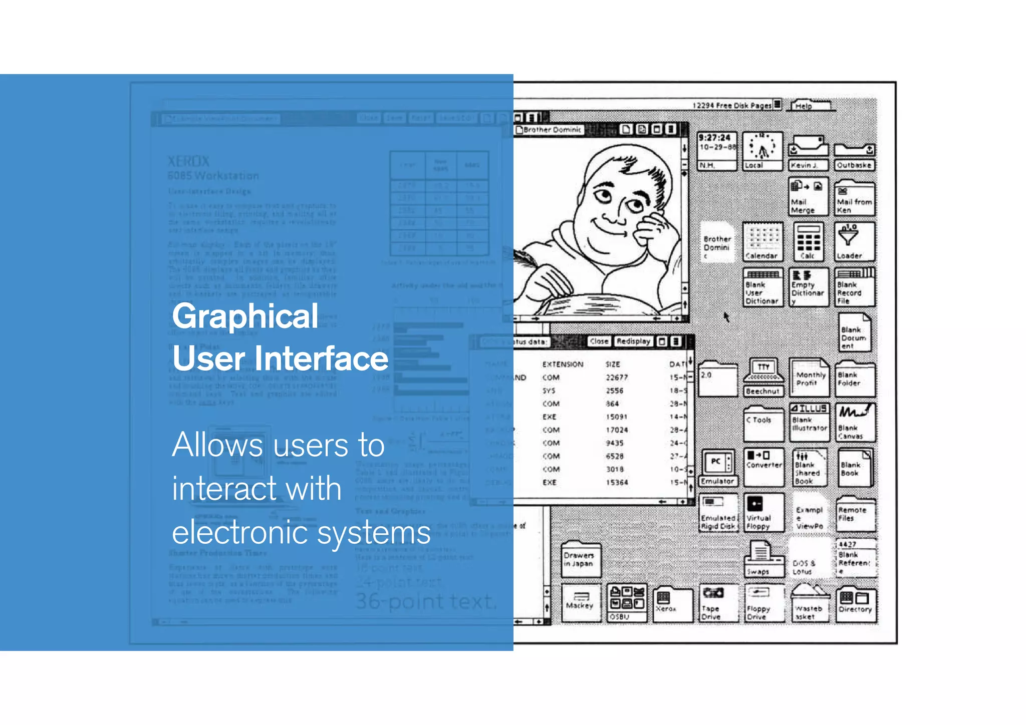 Graphical
User Interface
!
Allows users to
interact with
electronic systems
 