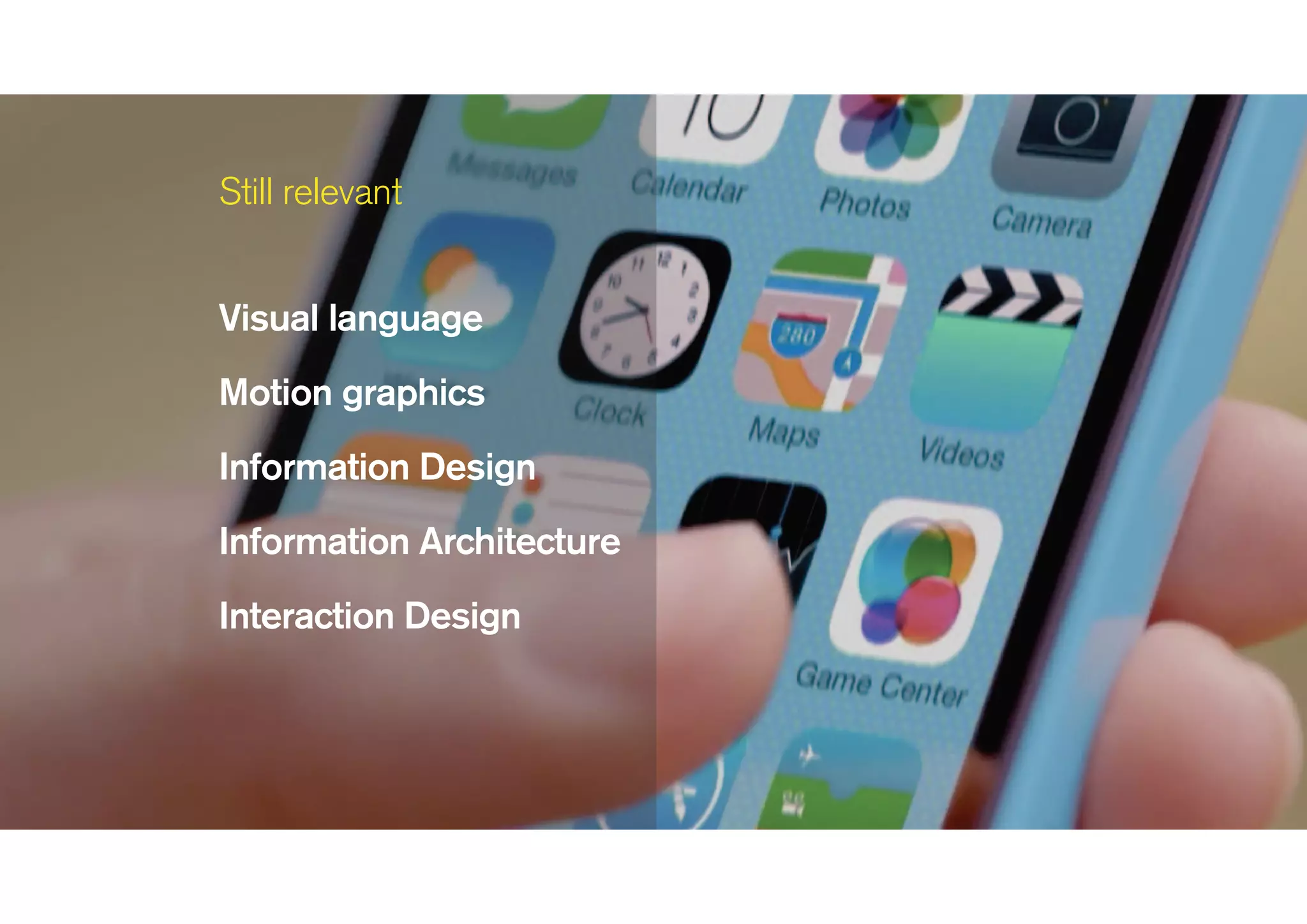 Visual language
Motion graphics
Information Design
Information Architecture
Interaction Design
Still relevant
 