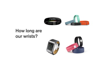Wearable Where?
Visible
Concealed
Pendant
Undergarment strap
Chest pin
BFC
Belt
Pocket
Inside pocket or undergarment
Earring or on ear
Shirt collar
Upper arm of Sleeve
Tie or Shirt button
Wrist
Finger ring
Calf or Sock
On or in shoe
Hair
Gadi Amit, New Deal Design, PDI 2014
 