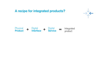 + +Physical
Product
Digital
Interface
Digital
Services
!
Aesthetic  
Visceral. Visual, sonic, feel. 
Interactive
Behavioural. Distribution of inputs and controls.
!
Experiential
Reflective. Fit with person’s context and ecosystems.
!
!
Key levels
of harmony
Components of integrated experience
 