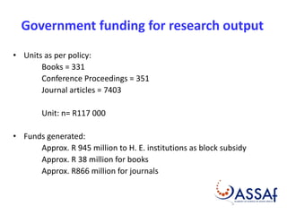 Government funding for research output 
• Units as per policy: 
Books = 331 
Conference Proceedings = 351 
Journal articles = 7403 
Unit: n= R117 000 
• Funds generated: 
Approx. R 945 million to H. E. institutions as block subsidy 
Approx. R 38 million for books 
Approx. R866 million for journals 
 