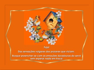 Fuja! Das sensações vulgares dos prazeres que viciam.  Busque preencher-se com as emoções duradouras do servir sem esperar nada em troca; 