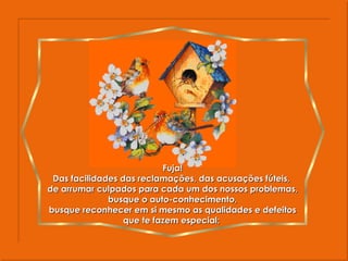 Fuja! Das facilidades das reclamações, das acusações fúteis,  de arrumar culpados para cada um dos nossos problemas, busque o auto-conhecimento, busque reconhecer em si mesmo as qualidades e defeitos que te fazem especial;  