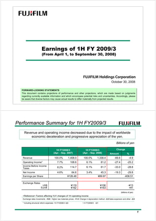 Earnings of 1H FY 2009/3
(From April 1, to September 30, 2008))
FORWARD-LOOKING STATEMENTS
This document contains projections of performance and other projections, which are made based on judgments
regarding currently available information and which encompass potential risks and uncertainties. Accordingly, please
be aware that diverse factors may cause actual results to differ materially from projected results.
FORWARD-LOOKING STATEMENTS
This document contains projections of performance and other projections, which are made based on judgments
regarding currently available information and which encompass potential risks and uncertainties. Accordingly, please
be aware that diverse factors may cause actual results to differ materially from projected results.
October 30, 2008
11
-¥36.51¥89.97¥126.48Earnings per Share
-25.2-27.481.26.1%108.67.7%Operating Income*
-4.9-69.61,338.4100.0%1,408.0100.0%Revenue
%
Change
45.3
81.7
¥106
¥163
3.4%
6.1%
1H FY2009/3
(Apr. - Sep. 2008)
-29.8
-28.8
-¥13
+¥1
-19.3
-33.0
Amount
64.6
114.7
4.6%Net Income
¥119
¥162
Exchange Rates
US$
Euro€
8.2%
Income Before Income
Taxes
1H FY2008/3
(Apr. - Sep. 2007)
Billions of yen
Revenue and operating income decreased due to the impact of worldwide
economic deceleration and progressive appreciation of the yen.
<Reference> Factors affecting YoY changes of 1H operating income
Exchange rates movements: -10.9 Higher raw materials prices: -11.5 Change in depreciation method :-3.0 Sales expansion and other: -2.0
(billions of yen)
Performance Summary for 1H FY2009/3
* Including structural reform expenses: 1H FY2008/3 4.3 1 H FY2009/3 4.1
 