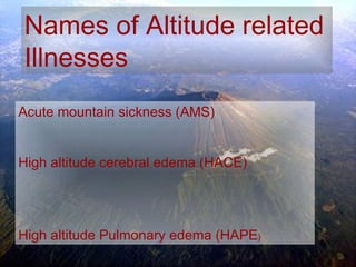 Names of Altitude related Illnesses Acute mountain sickness (AMS) High altitude cerebral edema (HACE) High altitude Pulmonary edema (HAPE ) 
