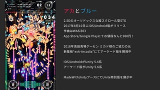 アカとブルー
2.5Dのオーソドックスな縦スクロール型STG
2017年8月10日にiOS/Android版がリリース
作曲はWASi303
App Store/Google Playにてお値段なんと960円！
2018年高田馬場ゲーセン ミカド様のご協力の元
新基板“exA-Arcadia”にてアーケード版を開発中
iOS/AndroidがUnity 5.4系
アーケード版がUnity 5.6系
MadeWithUnityブースにてUnite特別版を展示中
 