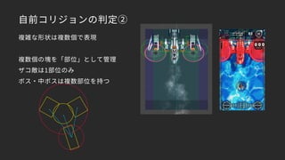 自前コリジョンの判定②
複雑な形状は複数個で表現
複数個の塊を「部位」として管理
ザコ敵は1部位のみ
ボス・中ボスは複数部位を持つ
 