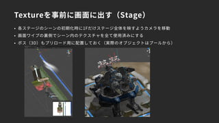 Textureを事前に画面に出す（Stage）
• 各ステージのシーンの初期化時に1Fだけステージ全体を映すようカメラを移動
• 画面ワイプの裏側でシーン内のテクスチャを全て使用済みにする
• ボス（3D）もプリロード用に配置しておく（実際のオブジェクトはプールから）
 