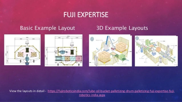 FUJI EXPERTISE
Basic Example Layout 3D Example Layouts
View the layouts in detail - https://fujiroboticsindia.com/lube-oil-bucket-palletizing-drum-palletizing-fuji-expertise-fuji-
robotics-india.aspx
 