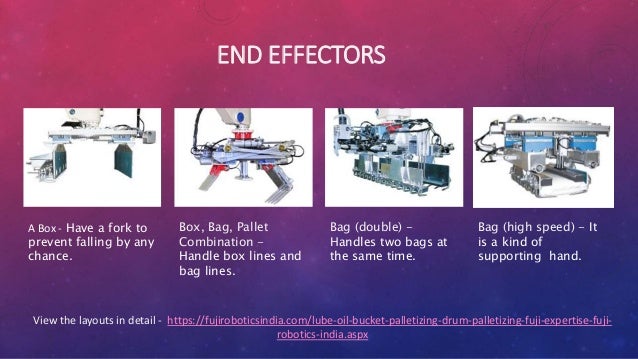 END EFFECTORS
A Box - Have a fork to
prevent falling by any
chance.
Box, Bag, Pallet
Combination -
Handle box lines and
bag lines.
Bag (high speed) - It
is a kind of
supporting hand.
Bag (double) -
Handles two bags at
the same time.
View the layouts in detail - https://fujiroboticsindia.com/lube-oil-bucket-palletizing-drum-palletizing-fuji-expertise-fuji-
robotics-india.aspx
 