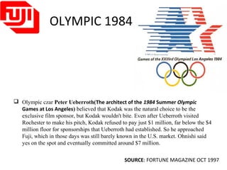 OLYMPIC 1984
 Olympic czar Peter Ueberroth(The architect of the 1984 Summer Olympic
Games at Los Angeles) believed that Kodak was the natural choice to be the
exclusive film sponsor, but Kodak wouldn't bite. Even after Ueberroth visited
Rochester to make his pitch, Kodak refused to pay just $1 million, far below the $4
million floor for sponsorships that Ueberroth had established. So he approached
Fuji, which in those days was still barely known in the U.S. market. Ohnishi said
yes on the spot and eventually committed around $7 million.
SOURCE: FORTUNE MAGAZINE OCT 1997
 