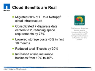 Cloud Benefits are Real

 Migrated 80% of IT to a NetApp®
  cloud infrastructure
 Consolidated 7 disparate data        The Suncorp Group has
  centers to 2, reducing space               leading general
                                        insurance, banking, life
  requirements by 75%                    insurance and wealth
                                       management businesses
                                          in Australia and New
 Lowered storage costs 40% in first            Zealand.

  18 months
 Reduced total IT costs by 30%
 Increased online insurance
  business from 10% to 40%


                                                                   8
 