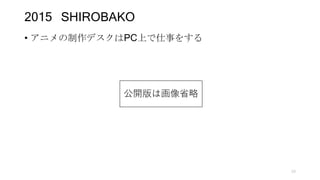 2015 SHIROBAKO
• アニメの制作デスクはPC上で仕事をする
19
公開版は画像省略
 