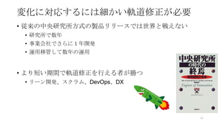 変化に対応するには細かい軌道修正が必要
• 従来の中央研究所方式の製品リリースでは世界と戦えない
• 研究所で数年
• 事業会社でさらに１年開発
• 運用移管して数年の運用
• より短い期間で軌道修正を行える者が勝つ
• リーン開発、スクラム、DevOps、DX
34
 