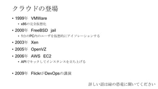 クラウドの登場
• 1999年 VMWare
• x86の完全仮想化
• 2000年 FreeBSD jail
• 1台のPC内のユーザを仮想的にアイソレーションする
• 2003年 Xen
• 2005年 OpenVZ
• 2006年 AWS EC2
• APIでキックしてインスタンスを立ち上げる
• 2009年 FlickrがDevOpsの講演
詳しい話は緑の恐竜に聞いてください49
 