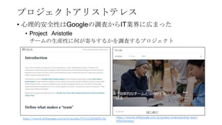 プロジェクトアリストテレス
• 心理的安全性はGoogleの調査からIT業界に広まった
• Project Aristotle
チームの生産性に何が寄与するかを調査するプロジェクト
https://rework.withgoogle.com/jp/guides/understanding-team-
effectiveness/
https://rework.withgoogle.com/print/guides/5721312655835136/
 