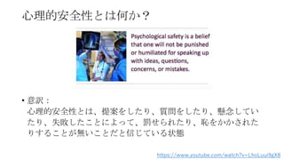 心理的安全性とは何か？
• 意訳：
心理的安全性とは、提案をしたり、質問をしたり、懸念してい
たり、失敗したことによって、罰せられたり、恥をかかされた
りすることが無いことだと信じている状態
https://www.youtube.com/watch?v=LhoLuui9gX8
 