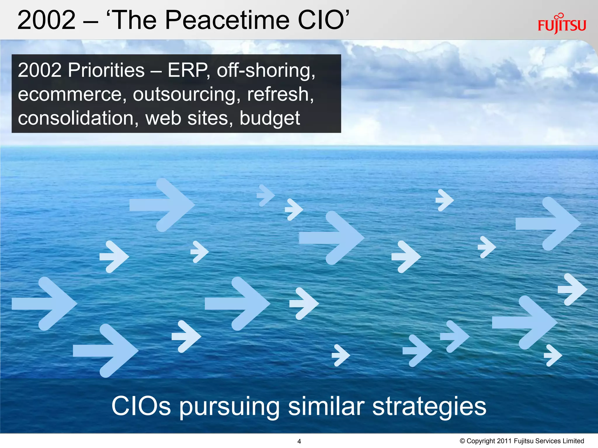 2002 – ‘The Peacetime CIO’
2002 Priorities – ERP, off-shoring,
ecommerce, outsourcing, refresh,
consolidation, web sites, budget




          CIOs pursuing similar strategies
                                4      © Copyright 2011 Fujitsu Services Limited
 