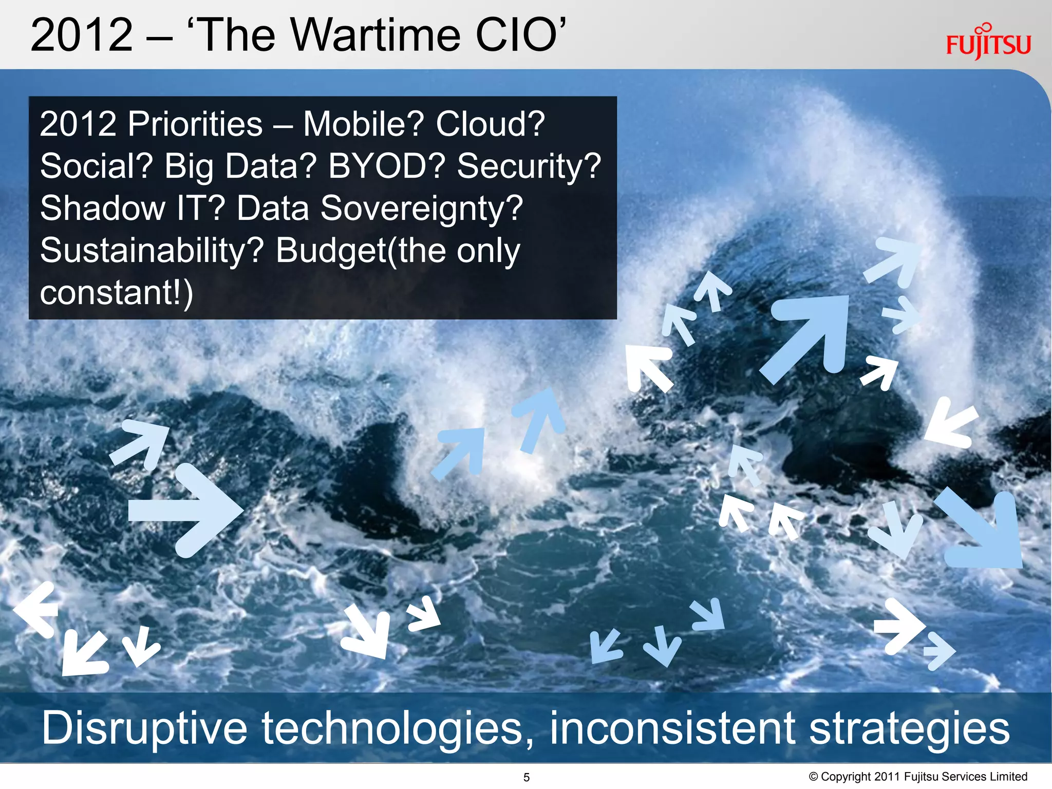 2012 – ‘The Wartime CIO’
2012 Priorities – Mobile? Cloud?
Social? Big Data? BYOD? Security?
Shadow IT? Data Sovereignty?
Sustainability? Budget(the only
constant!)




Disruptive technologies, inconsistent strategies
                            5         © Copyright 2011 Fujitsu Services Limited
 