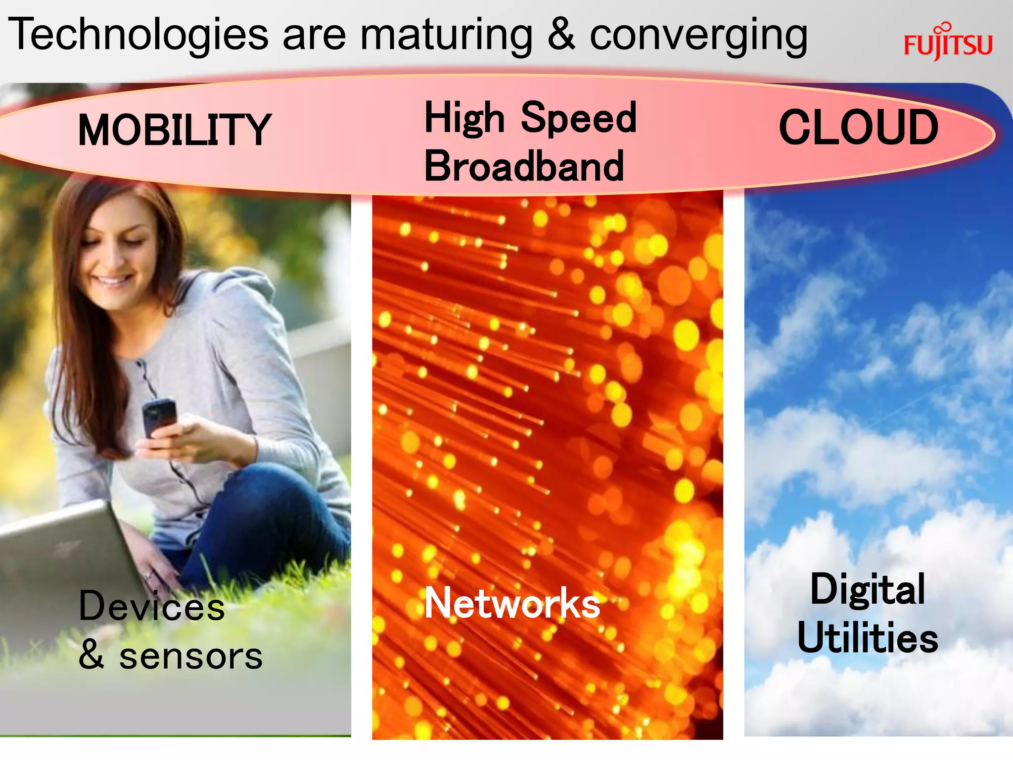 Technologies are maturing & converging

   MOBILITY        High Speed       CLOUD
                   Broadband




   Devices         Networks            Digital
   & sensors                           Utilities

                       9            © Copyright 2011 Fujitsu Services Limited
 