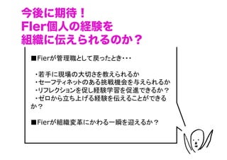 今後に期待！
FIer個人の経験を
組織に伝えられるのか？
■Fierが管理職として戻ったとき・・・

　・若手に現場の大切さを教えられるか
　・セーフティネットのある挑戦機会を与えられるか
　・リフレクションを促し経験学習を促進できるか？
　・ゼロから立ち上げる経験を伝えることができる
か？

■Fierが組織変革にかわる一瞬を迎えるか？



                           （C）	
 
