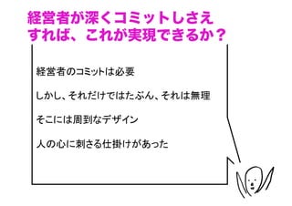 経営者が深くコミットしさえ
すれば、これが実現できるか？

経営者のコミットは必要

しかし、それだけではたぶん、それは無理

そこには周到なデザイン

人の心に刺さる仕掛けがあった



                      （C）	
 