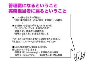 管理職になるということ
実務担当者に戻るということ
■二つの異なる世界の「移動」
　「沼沢（実務担当者）」から「高地（管理職）」への移動
　　　　　　↓
■管理職になるときの「辛さ」（元山 2008）	
　・ワークライフバランス：金銭面の不安	
　・評価不安 / 職場からの疎外感	
　・現場から離れること（最も深刻なこと）	
　　　　　　↓
その「辛さ」は「生まれ変わり」に形容できる（Hill, L.）	
「現場のエキスパート」から「管理のノービス」へ

■しかし管理職からFIに戻るときにも	
愉しさの中に「辛さ」もある	
　・学習棄却（Unlearning） - 管理職の権力意識	
　・再学習（Relearning） – FI活動で必要になる知識

                                    （C）	
 