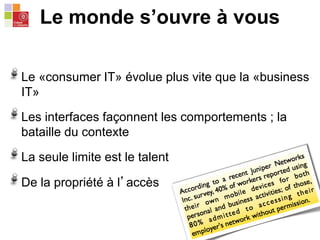 Le «consumer IT» évolue plus vite que la «business
IT»
Les interfaces façonnent les comportements ; la
bataille du context...