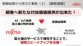 実験結果から見えた事実（２）【顧客価値】
Copyright 2019 Fujitsu Marketing Limited
AI・IoT技術
富士通の特許技術
新製品開発
美容器具
販売会社様
顧客へ新たな付加価値提供が出来た！
富士通のサービスで補完することで、
開発スピードアップを支援！
9
 