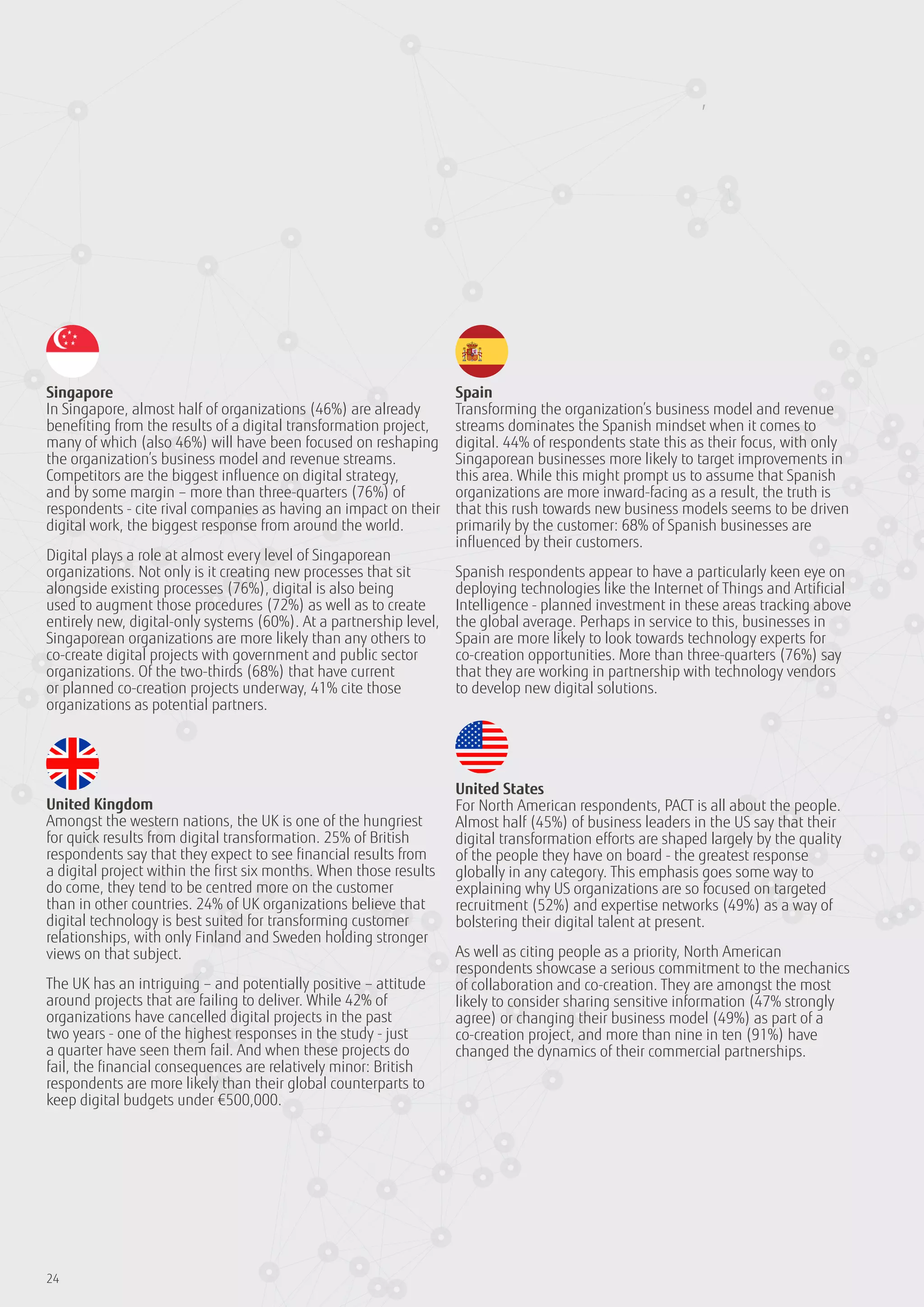 ,
24
Singapore
In Singapore, almost half of organizations (46%) are already
benefiting from the results of a digital transformation project,
many of which (also 46%) will have been focused on reshaping
the organization’s business model and revenue streams.
Competitors are the biggest influence on digital strategy,
and by some margin – more than three-quarters (76%) of
respondents - cite rival companies as having an impact on their
digital work, the biggest response from around the world.
Digital plays a role at almost every level of Singaporean
organizations. Not only is it creating new processes that sit
alongside existing processes (76%), digital is also being
used to augment those procedures (72%) as well as to create
entirely new, digital-only systems (60%). At a partnership level,
Singaporean organizations are more likely than any others to
co-create digital projects with government and public sector
organizations. Of the two-thirds (68%) that have current
or planned co-creation projects underway, 41% cite those
organizations as potential partners.
United Kingdom
Amongst the western nations, the UK is one of the hungriest
for quick results from digital transformation. 25% of British
respondents say that they expect to see financial results from
a digital project within the first six months. When those results
do come, they tend to be centred more on the customer
than in other countries. 24% of UK organizations believe that
digital technology is best suited for transforming customer
relationships, with only Finland and Sweden holding stronger
views on that subject.
The UK has an intriguing – and potentially positive – attitude
around projects that are failing to deliver. While 42% of
organizations have cancelled digital projects in the past
two years - one of the highest responses in the study - just
a quarter have seen them fail. And when these projects do
fail, the financial consequences are relatively minor: British
respondents are more likely than their global counterparts to
keep digital budgets under €500,000.
Spain
Transforming the organization’s business model and revenue
streams dominates the Spanish mindset when it comes to
digital. 44% of respondents state this as their focus, with only
Singaporean businesses more likely to target improvements in
this area. While this might prompt us to assume that Spanish
organizations are more inward-facing as a result, the truth is
that this rush towards new business models seems to be driven
primarily by the customer: 68% of Spanish businesses are
influenced by their customers.
Spanish respondents appear to have a particularly keen eye on
deploying technologies like the Internet of Things and Artificial
Intelligence - planned investment in these areas tracking above
the global average. Perhaps in service to this, businesses in
Spain are more likely to look towards technology experts for
co-creation opportunities. More than three-quarters (76%) say
that they are working in partnership with technology vendors
to develop new digital solutions.
United States
For North American respondents, PACT is all about the people.
Almost half (45%) of business leaders in the US say that their
digital transformation efforts are shaped largely by the quality
of the people they have on board - the greatest response
globally in any category. This emphasis goes some way to
explaining why US organizations are so focused on targeted
recruitment (52%) and expertise networks (49%) as a way of
bolstering their digital talent at present.
As well as citing people as a priority, North American
respondents showcase a serious commitment to the mechanics
of collaboration and co-creation. They are amongst the most
likely to consider sharing sensitive information (47% strongly
agree) or changing their business model (49%) as part of a
co-creation project, and more than nine in ten (91%) have
changed the dynamics of their commercial partnerships.
 