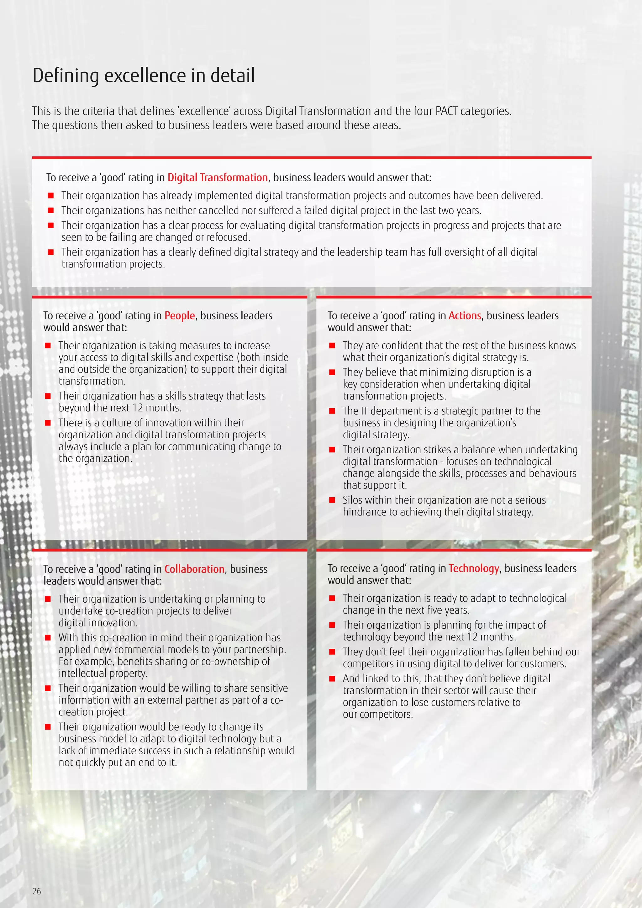 To receive a ‘good’ rating in Digital Transformation, business leaders would answer that:
■■ Their organization has already implemented digital transformation projects and outcomes have been delivered.
■■ Their organizations has neither cancelled nor suffered a failed digital project in the last two years.
■■ Their organization has a clear process for evaluating digital transformation projects in progress and projects that are
seen to be failing are changed or refocused.
■■ Their organization has a clearly defined digital strategy and the leadership team has full oversight of all digital
transformation projects.
To receive a ‘good’ rating in People, business leaders
would answer that:
■■ Their organization is taking measures to increase
your access to digital skills and expertise (both inside
and outside the organization) to support their digital
transformation.
■■ Their organization has a skills strategy that lasts
beyond the next 12 months.
■■ There is a culture of innovation within their
organization and digital transformation projects
always include a plan for communicating change to
the organization.
26
To receive a ‘good’ rating in Actions, business leaders
would answer that:
■■ They are confident that the rest of the business knows
what their organization’s digital strategy is.
■■ They believe that minimizing disruption is a
key consideration when undertaking digital
transformation projects.
■■ The IT department is a strategic partner to the
business in designing the organization’s
digital strategy.
■■ Their organization strikes a balance when undertaking
digital transformation - focuses on technological
change alongside the skills, processes and behaviours
that support it.
■■ Silos within their organization are not a serious
hindrance to achieving their digital strategy.
To receive a ‘good’ rating in Collaboration, business
leaders would answer that:
■■ Their organization is undertaking or planning to
undertake co-creation projects to deliver
digital innovation.
■■ With this co-creation in mind their organization has
applied new commercial models to your partnership.
For example, benefits sharing or co-ownership of
intellectual property.
■■ Their organization would be willing to share sensitive
information with an external partner as part of a co-
creation project.
■■ Their organization would be ready to change its
business model to adapt to digital technology but a
lack of immediate success in such a relationship would
not quickly put an end to it.
To receive a ‘good’ rating in Technology, business leaders
would answer that:
■■ Their organization is ready to adapt to technological
change in the next five years.
■■ Their organization is planning for the impact of
technology beyond the next 12 months.
■■ They don’t feel their organization has fallen behind our
competitors in using digital to deliver for customers.
■■ And linked to this, that they don’t believe digital
transformation in their sector will cause their
organization to lose customers relative to
our competitors.
Defining excellence in detail
This is the criteria that defines ‘excellence’ across Digital Transformation and the four PACT categories.
The questions then asked to business leaders were based around these areas.
 