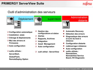 PRIMERGY ServerView Suite  © Fujitsu Siemens Computers 2008  All rights reserved Configuration automatique Installation: aisée Clônage & Déploiements MàJ des drivers et Firmwares Auto configuration outils utilisés :  ServerStart, GlobalFlash,  RemoteDeploy Option Gestion des configurations et status Alertes Rapports, Archives Intégration Asset  Management Auto configuration outil utilisé   :   ServerView Automatic Recovery Détection des erreurs Diagnostique des erreurs et suivi du boot à distance Configuration distante  redémarrage à distance  Auto configuration outils utilisés   :   RemoteView, RemoteView Service Board, RV Diagnostic Déploiement   supervision Administration distante Outil d’administration des serveurs 