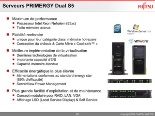 Serveurs PRIMERGY Dual S5 Maximum de performance Processeur Intel Xeon Nehalem (55xx)  Taille mémoire accrue  Fiabilité renforcée unique pour leur catégorie class: mémoire hot-spare Conception du châssis & Carte Mère « Cool-safe™ » Meilleure implémentation de la virtualisation Dernières technologies de virtualisation  Importante capacité d’E/S Capacité mémoire étendue  Efficacité énergétique la plus élevée Alimentations conformes au standard energy star (89% d’efficacité)  ServerView Power Management Plus grande facilité d’exploitation et de maintenance Concept modulaire pour RAID, LAN, VGA Affichage LSD (Local Service Display) & Self Service Copyright 2009 FUJITSU LIMITED 