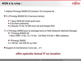 NON à la crise : Copyright 2009 FUJITSU LIMITED 1 châssis Primergy BX600 S3 (hauteur 7U) composé de : 3 x Primergy BX620 S4 (3 serveurs lames)  1 Xeon 5405 QC (Intel quad core) 4 Go Ram (mémoire)  2 disques 73 Go 10 000 tours de technologie SAS 1 x Primergy NX650 pour le stockage lame en NAS (Network Attached Storage) 1  Primergy BX620 S4  1 X eon  5405 / 4 Go / 2 x 73 Go ,  Ctrl Raid 512 Mo + BBU (batterie) 1 Primergy SX650 3 x 146 Go  soit 438 Go au total Support et maintenance 3 ans site , J+1 offre spéciale Actual IT en location 