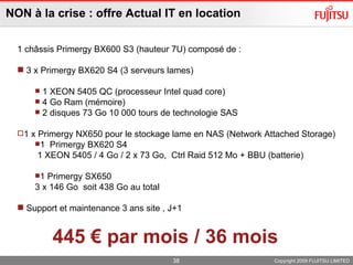 NON à la crise : offre Actual IT en location Copyright 2009 FUJITSU LIMITED 1 châssis Primergy BX600 S3 (hauteur 7U) composé de : 3 x Primergy BX620 S4 (3 serveurs lames)  1 XEON 5405 QC (processeur Intel quad core) 4 Go Ram (mémoire)  2 disques 73 Go 10 000 tours de technologie SAS 1 x Primergy NX650 pour le stockage lame en NAS (Network Attached Storage) 1  Primergy BX620 S4  1 XEON 5405 / 4 Go / 2 x 73 Go ,  Ctrl Raid 512 Mo + BBU (batterie) 1 Primergy SX650 3 x 146 Go  soit 438 Go au total Support et maintenance 3 ans site , J+1 445 € par mois / 36 mois  