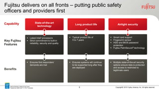 6 Copyright© 2015 Fujitsu America, Inc. All rights reserved.
Fujitsu delivers on all fronts – putting public safety
officers and providers first
 Ensures first responders’
demands are met
State-of-the-art
technology
 Latest Intel® processors
 Strict commitment to built-in
reliability, security and quality
Capability
Key Fujitsu
Features
Benefits
 Ensures systems will continue
to be supported long after they
are deployed
Long product life
 Typical product life of
5 to 7 years
Airtight security
 Multiple state-of-the-art security
options ensure data is protected
and access is restricted to
legitimate users
 Smart card support
 Fingerprint sensor
 HDD and BIOS password
protection
 Fujitsu PalmSecure® technology
Built for Business. Ready for the Future.
Powered by Intel® Core™ i7 vPro™ processor.
 
