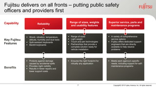 7 Copyright© 2015 Fujitsu America, Inc. All rights reserved.
Fujitsu delivers on all fronts – putting public safety
officers and providers first
 Protects against damage
caused by accidental spills
 Provides night visibility
 Results in fewer repairs and
lower support costs
ReliabilityCapability
Key Fujitsu
Features
Benefits
 Shock, vibration, temperature,
altitude, humidity and dust tests
 Spill-resistant keyboards
 Backlit keyboards
 Ensures the right footprint for
virtually any application
Range of sizes, weights
and usability features
 Range of sizes
 Light weight
 Touch and pen technologies
 Partnerships that provide a
complete solution ready for
vehicle installation
Superior service, parts and
maintenance programs
 Meets each agency’s specific
needs, including support for self-
maintenance programs
 A variety of comprehensive
service options
 Fujitsu offers dedicated support
engineers that are directly
available to help resolve
problems
 
