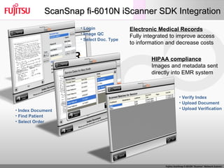 ScanSnap fi-6010N iScanner SDK Integration Electronic Medical Records Fully integrated to improve access to information and decrease costs HIPAA compliance Images and metadata sent directly into EMR system ,[object Object],[object Object],[object Object],[object Object],[object Object],[object Object],[object Object],[object Object],[object Object]