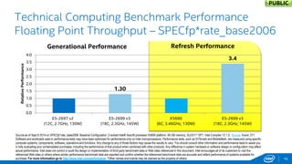 Refresh Performance 
1.30 
3.4 
0.0 
0.5 
1.0 
1.5 
2.0 
2.5 
3.0 
3.5 
4.0 
E5-2697 v2 
(12C, 2.7GHz, 130W) 
E5-2699 v3 
(18C, 2.3GHz, 145W) 
X5690 
(6C, 3.46GHz, 130W) 
E5-2699 v3 
(18C, 2.3GHz, 145W) 
Relative Performance 
Generational Performance 
16 
Technical Computing Benchmark Performance Floating Point Throughput – SPECfp*rate_base2006 
Source as of Sept 8 2014 on SPECfp*rate_base2006. Baseline Configuration: 2-socket Intel® Xeon® processor X5690 platform, 48 GB memory, SLES11* SP1, Intel Compiler 12.1.0. Source. Score: 271. Software and workloads used in performance tests may have been optimized for performance only on Intel microprocessors. Performance tests, such as SYSmark and MobileMark, are measured using specific computer systems, components, software, operations and functions. Any change to any of those factors may cause the results to vary. You should consult other information and performance tests to assist you in fully evaluating your contemplated purchases, including the performance of that product when combined with other products. Any difference in system hardware or software design or configuration may affect actual performance. Intel does not control or audit the design or implementation of third party benchmark data or Web sites referenced in this document. Intel encourages all of its customers to visit the referenced Web sites or others where similar performance benchmark data are reported and confirm whether the referenced benchmark data are accurate and reflect performance of systems available for purchase. For more information go to http://www.intel.com/performance *Other names and brands may be claimed as the property of others. 
PUBLIC  