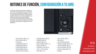 Botones de función, configuraciónatuaire
XT10
DIALES PRINCIPALES
BOTONES PRINCIPALES TRASEROS
BOTONES PRINCIPALES DELANTEROS
Una de las opciones que más me gustan de
la XT10 es la configuración de sus 7 botones
de función para que puedas dejarlos como a
ti te sea más cómodo su uso. Aunque vienen
predeterminados con funciones específicas lo
mejor es que los ajustes como desees.
En mi caso tengo los modos de medición de
exposición, iso, modos de autofoco y selección
de enfoque directamente configurados en los
selectores.
 