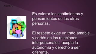 RESPETO 
Es valorar los sentimientos y 
pensamientos de las otras 
personas. 
El respeto exige un trato amable 
y cortés en las relaciones 
interpersonales, acepta la 
autonomía y derecho a ser 
diferente. 
 