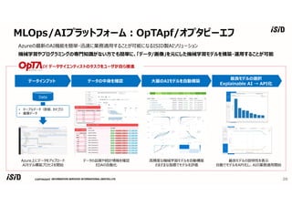 COPYRIGHT
MLOps/AIプラットフォーム︓OpTApf/オプタピーエフ
20
Azureの最新のAI機能を簡単・迅速に業務適用することが可能になるISID製AIソリューション
機械学習やプログラミングの専門知識がない⽅でも簡単に、「データ/画像」を元にした機械学習モデルを構築・運用することが可能
データインプット データの中身を確認 ⼤量のAIモデルを自動構築
最良モデルの選択
Explainable AI → API化
データサイエンティストのタスクをユーザが自ら推進
Data
• テーブルデータ（数値、カテゴリ）
• 画像データ
データの品質や統計情報を確認
EDAの自動化
Azure上にデータをアップロード
AIモデル構築プロセスを開始
⾼精度な機械学習モデルを自動構築
さまざまな指標でモデルを評価
最良モデルの説明性を表⽰
自動でモデルをAPI化し、AIの業務適用開始
 