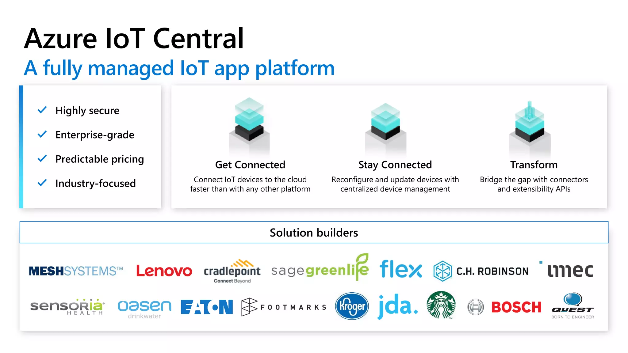 Azure IoT Central
Solution builders
Get Connected
Connect IoT devices to the cloud
faster than with any other platform
Stay Connected
Reconfigure and update devices with
centralized device management
Transform
Bridge the gap with connectors
and extensibility APIs
 